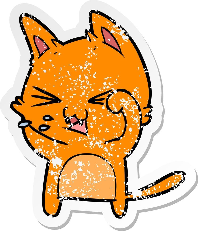distressed sticker of a cartoon cat hissing vector