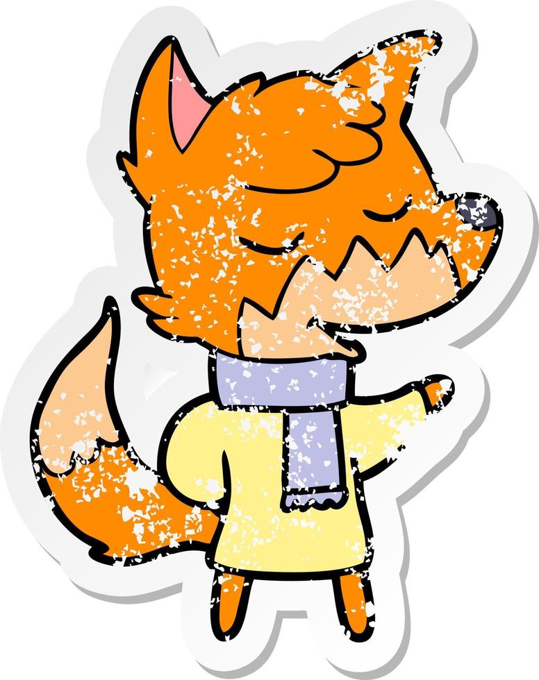 distressed sticker of a friendly cartoon fox in winter clothes vector