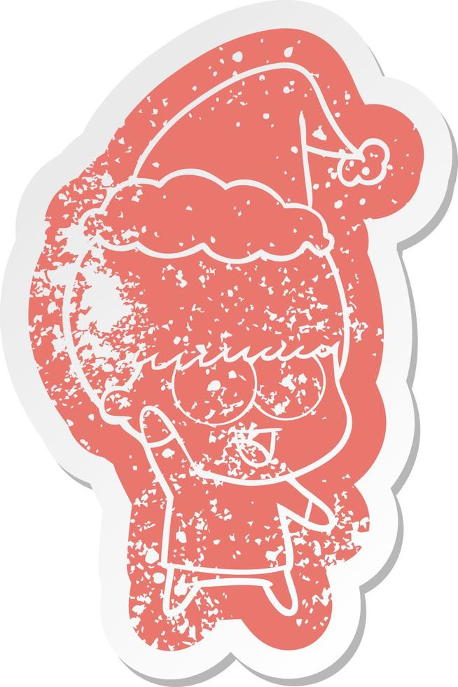 happy cartoon distressed sticker of a boy waving wearing santa hat vector