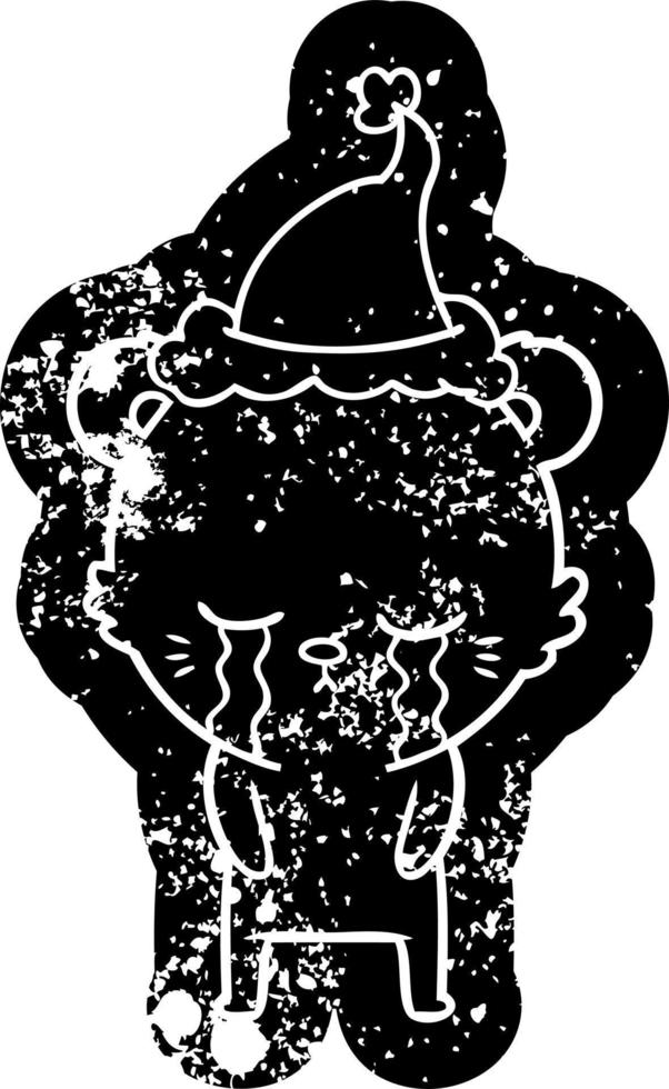 crying cartoon distressed icon of a bear wearing santa hat vector