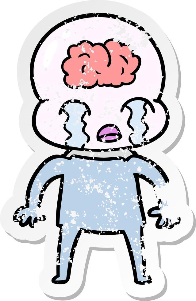 distressed sticker of a cartoon big brain alien crying vector