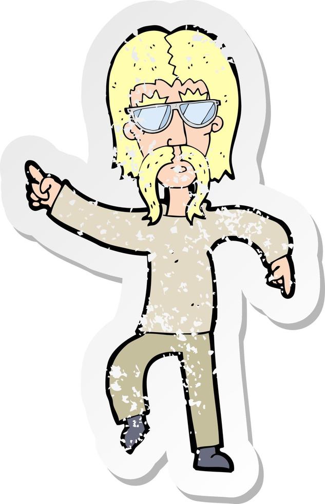 pegatina retro angustiada de un hombre hippie de dibujos animados con gafas vector