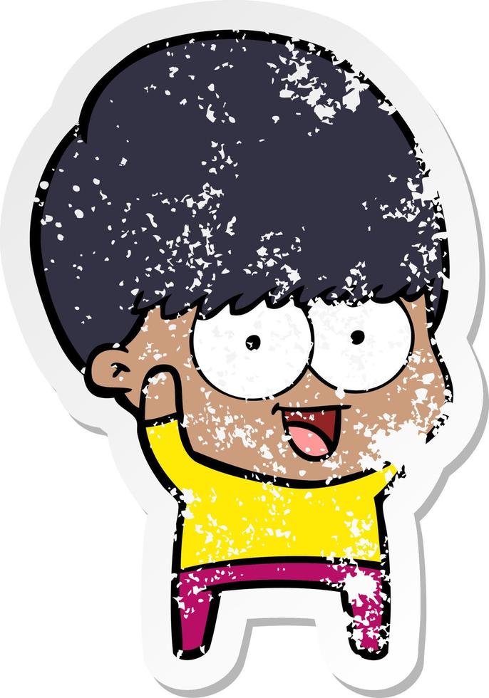 distressed sticker of a happy cartoon boy waving vector