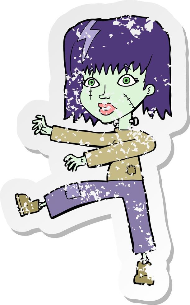 retro distressed sticker of a cartoon zombie girl vector