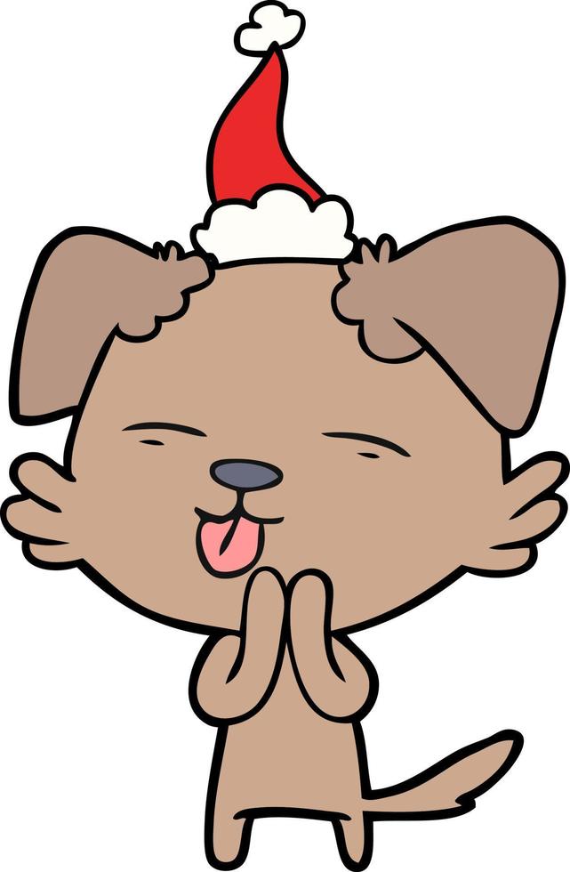 line drawing of a dog sticking out tongue wearing santa hat vector