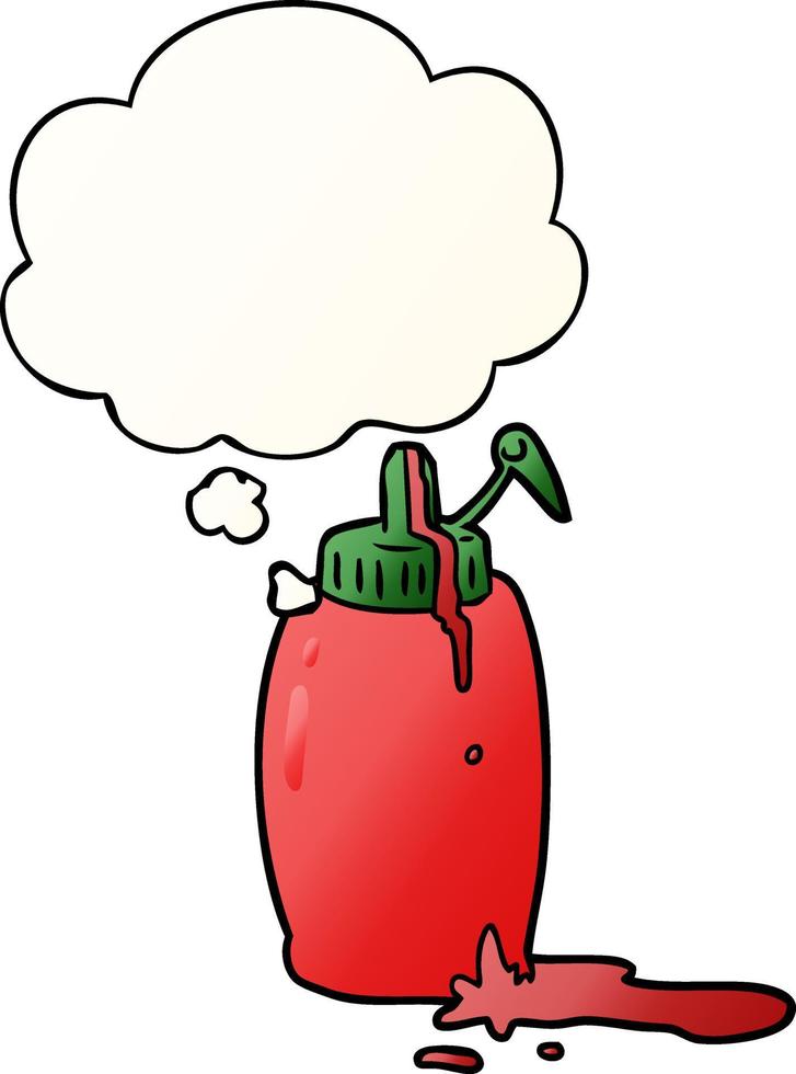 botella de ketchup de dibujos animados y burbuja de pensamiento en estilo degradado suave vector