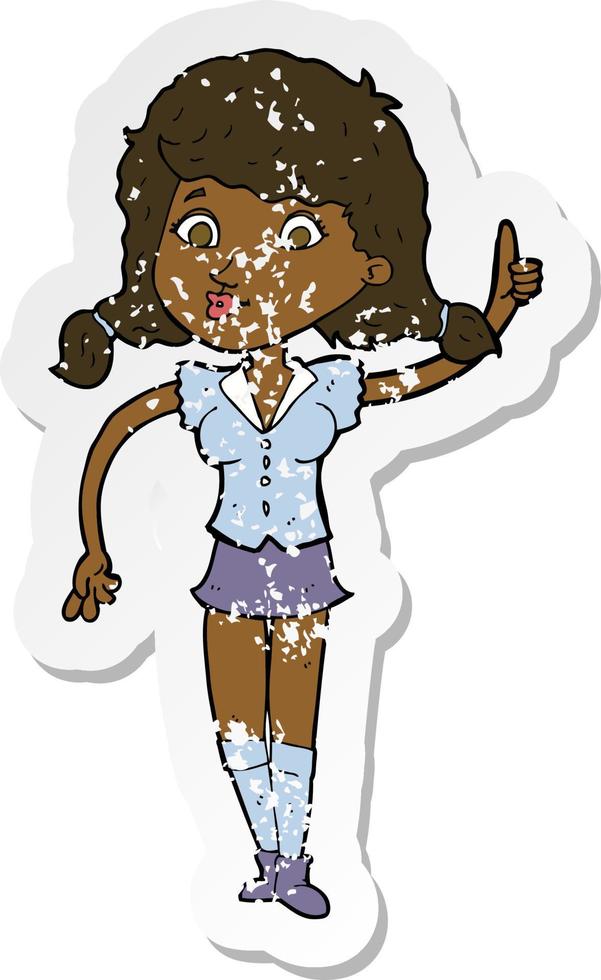 retro distressed sticker of a cartoon pretty woman with idea vector