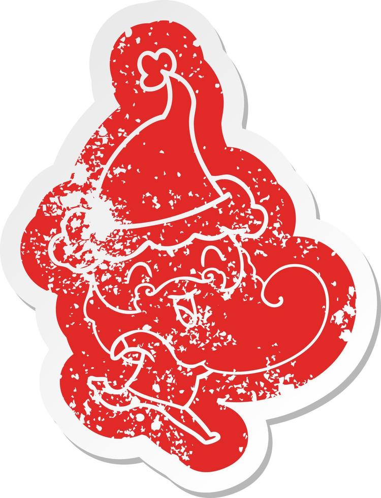 distressed sticker of happy bearded man wearing santa hat vector
