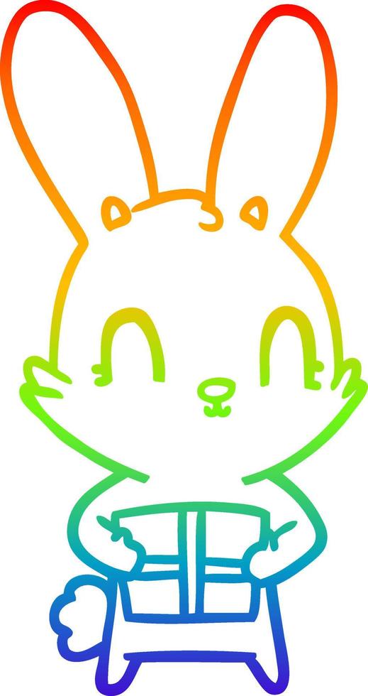 rainbow gradient line drawing cute cartoon rabbit with present vector