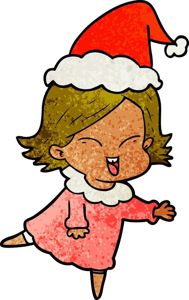 happy textured cartoon of a girl wearing santa hat vector