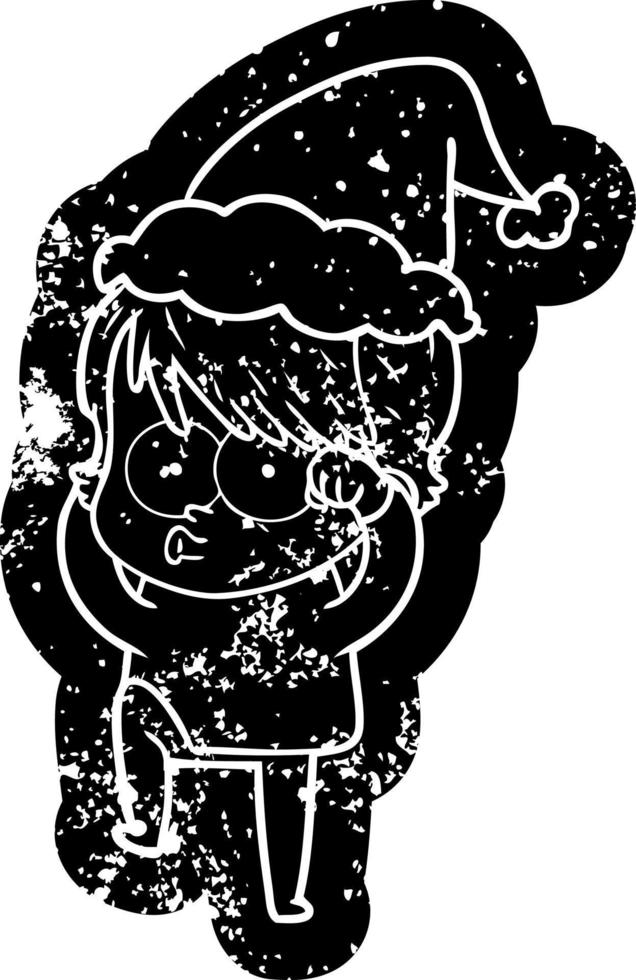 cartoon distressed icon of a woman wearing santa hat vector