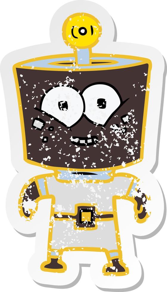 distressed sticker of a happy energized cartoon robot vector