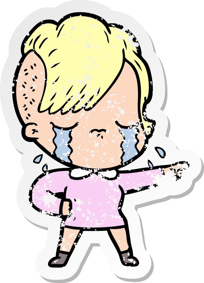 distressed sticker of a cartoon crying girl vector