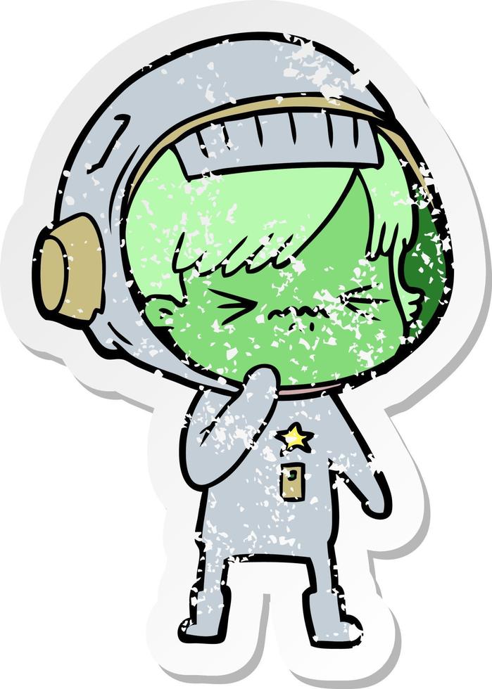 distressed sticker of a angry cartoon space girl vector