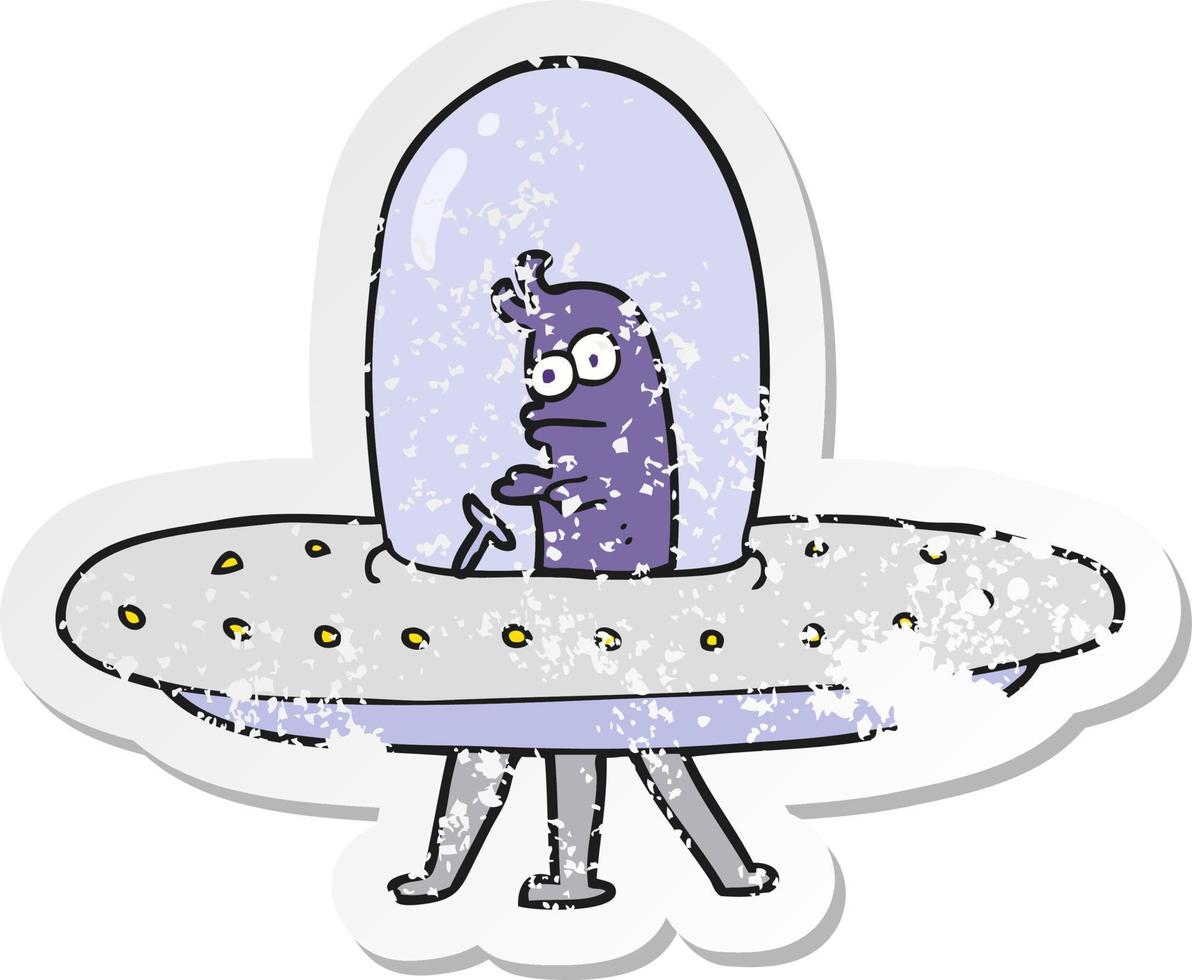 retro distressed sticker of a cartoon flying saucer vector