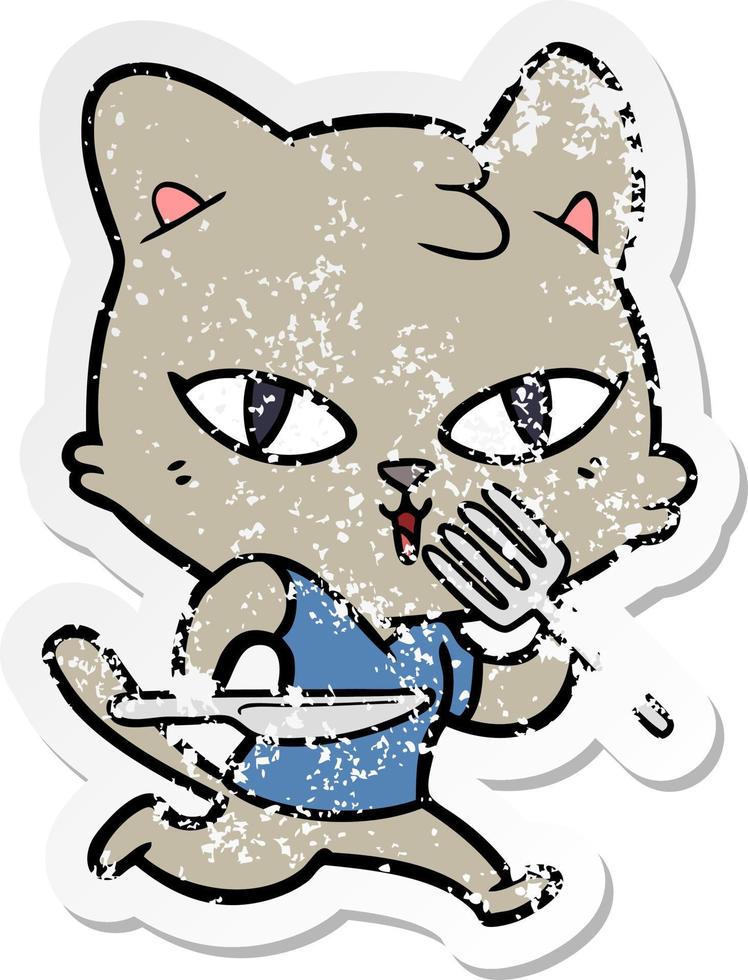 distressed sticker of a cartoon hungry cat vector