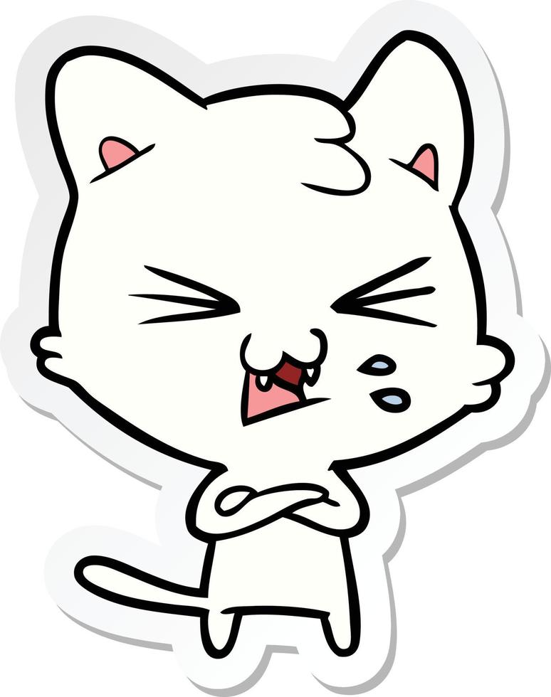 sticker of a cartoon hissing cat vector