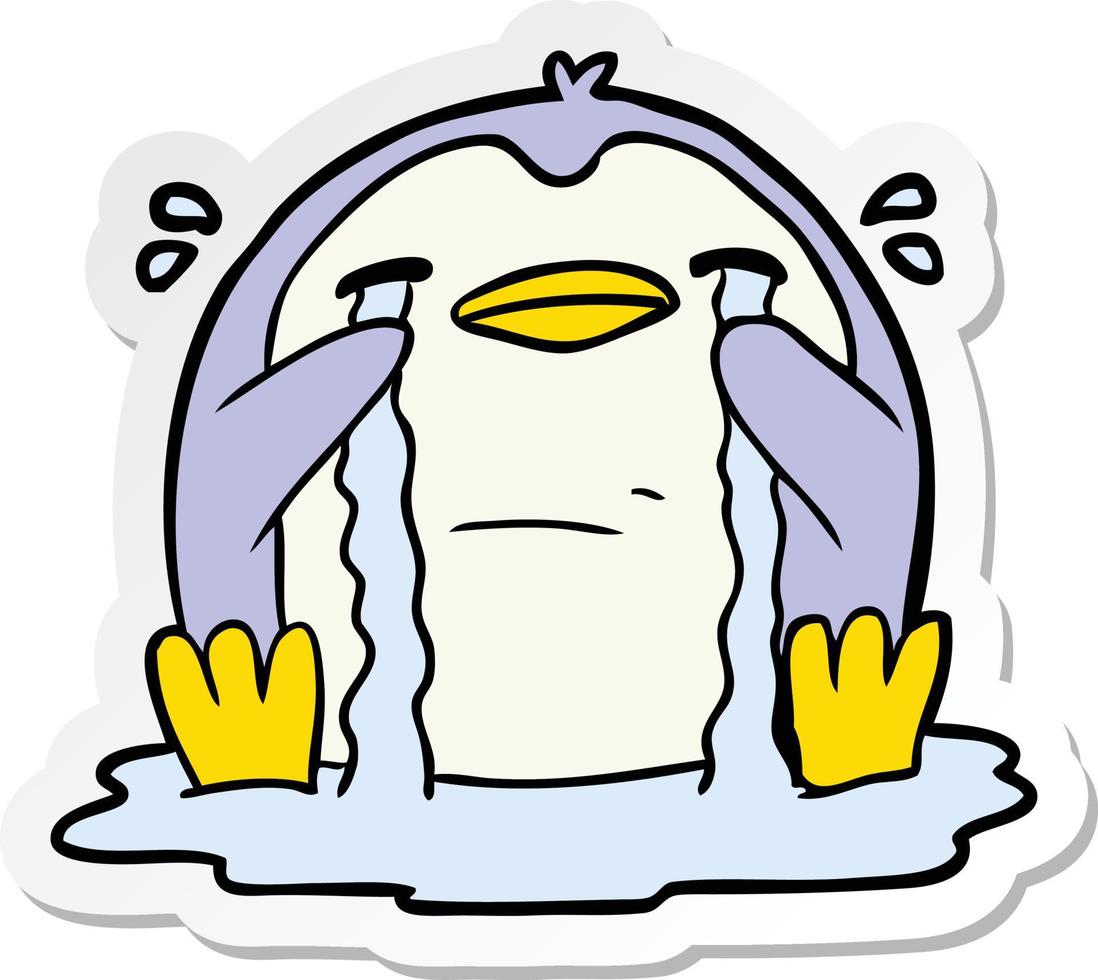 sticker of a cartoon crying penguin vector