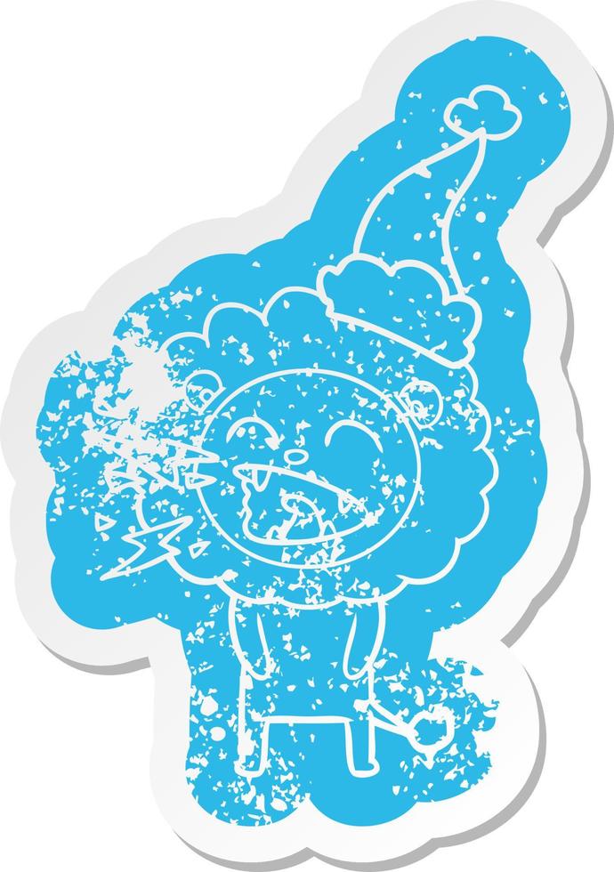cartoon distressed sticker of a roaring lion wearing santa hat vector
