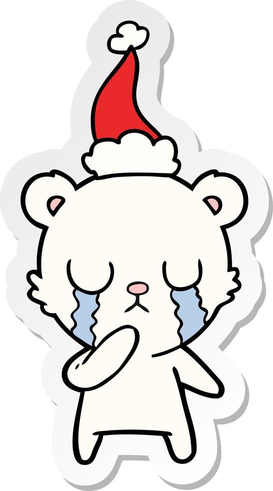 crying polar bear sticker cartoon of a wearing santa hat vector