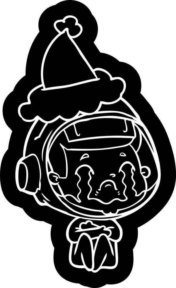 cartoon icon of a crying astronaut wearing santa hat vector