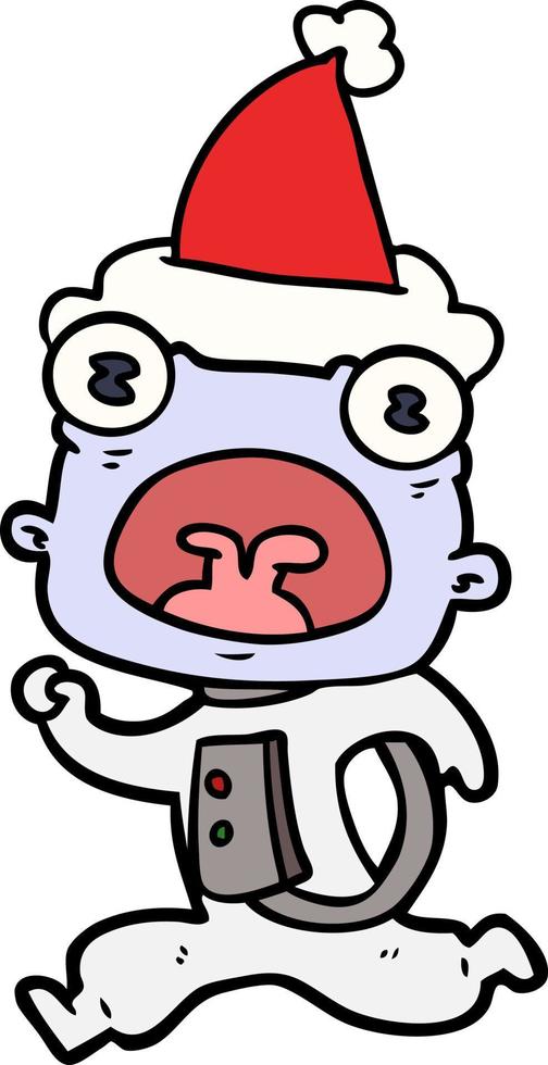 line drawing of a weird alien running away wearing santa hat vector