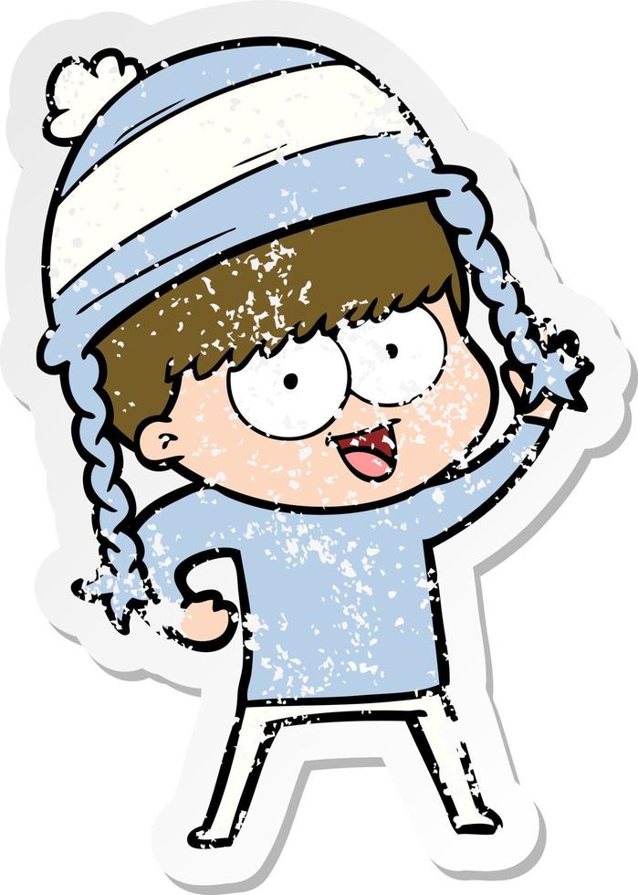 distressed sticker of a happy cartoon boy wearing hat vector