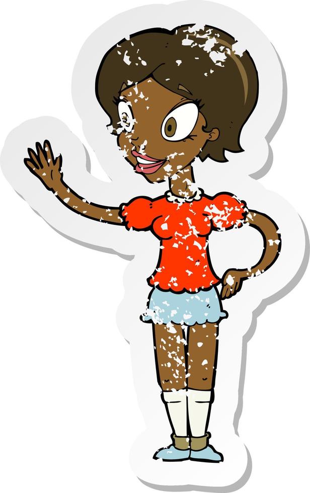 retro distressed sticker of a cartoon waving woman vector