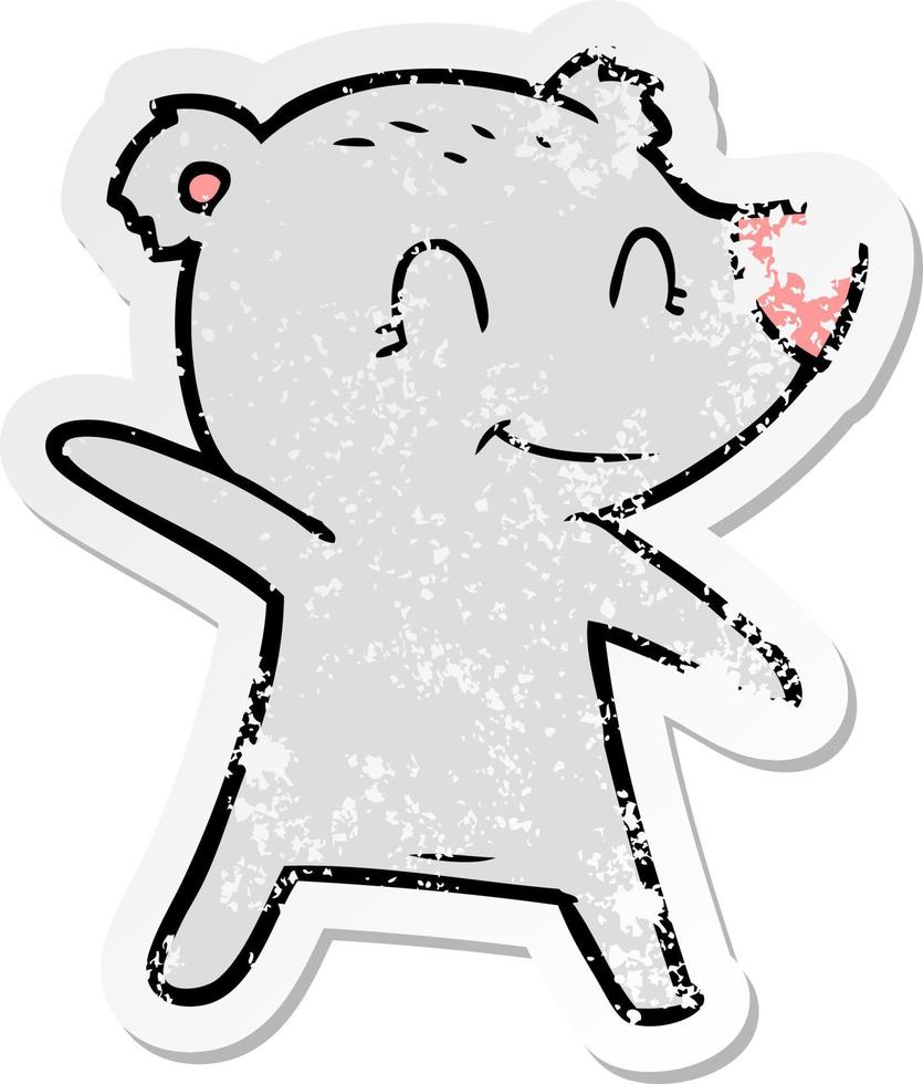 distressed sticker of a smiling bear pointing vector