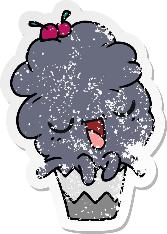 distressed sticker cartoon of kawaii octopus cupcake vector