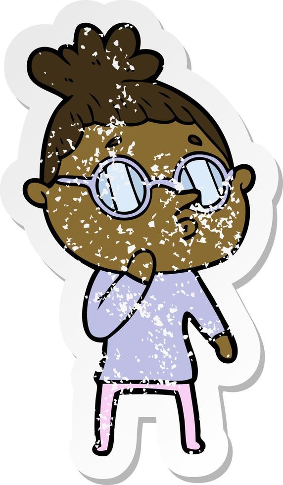 distressed sticker of a cartoon woman wearing glasses vector