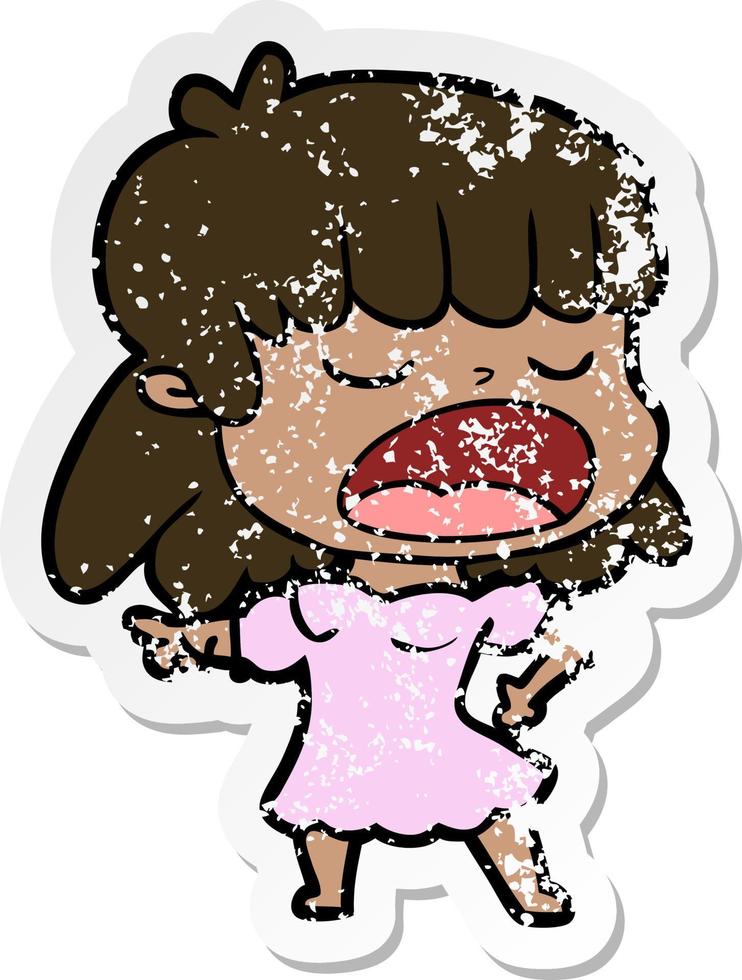 distressed sticker of a cartoon woman talking loudly vector