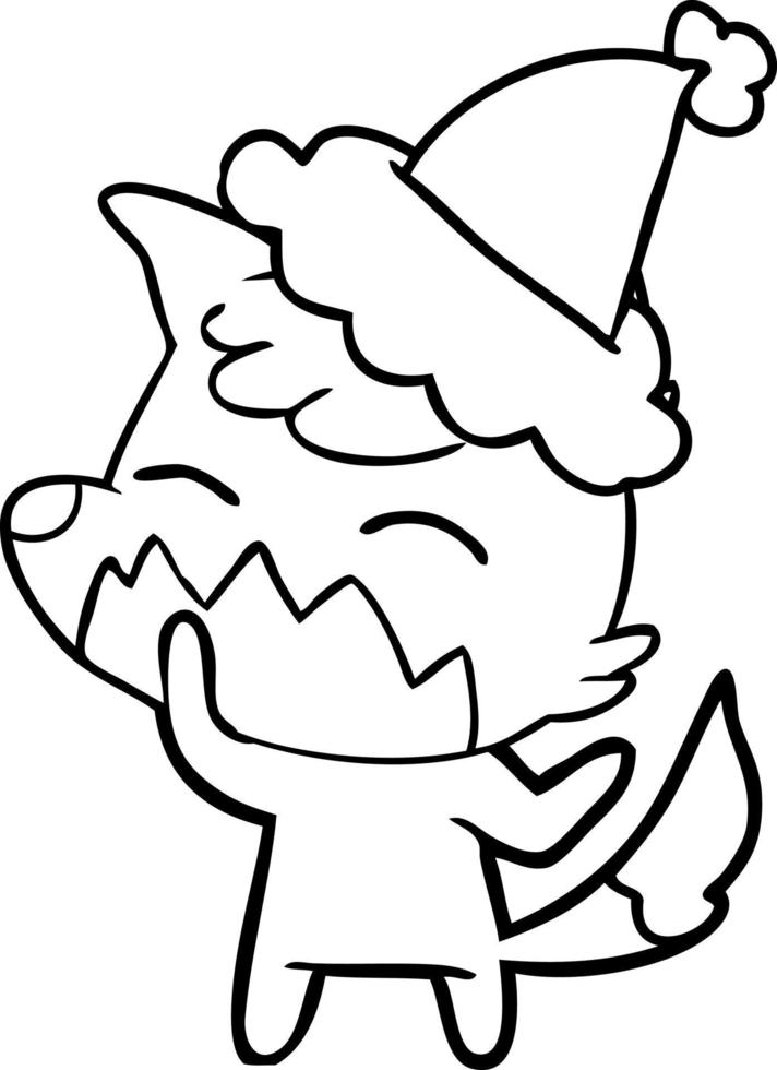 line drawing of a fox wearing santa hat vector