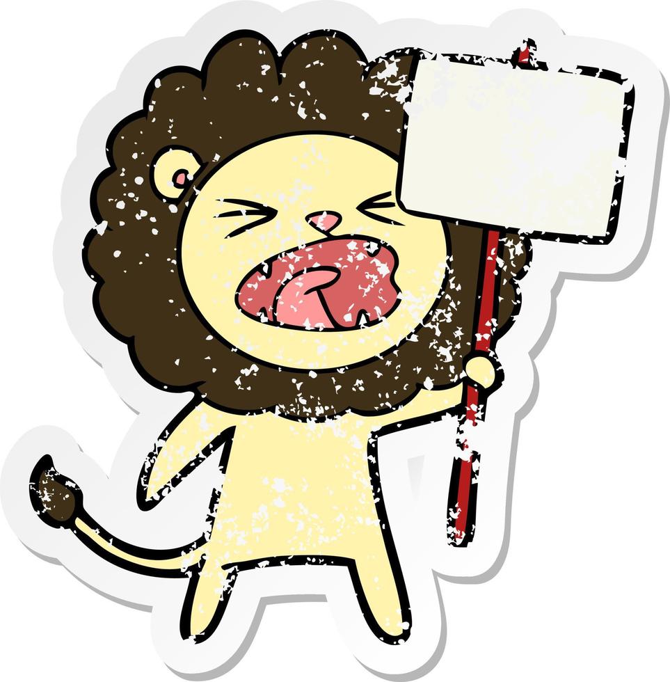 distressed sticker of a cartoon lion with protest sign vector