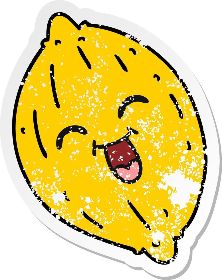 distressed sticker cartoon of a happy lemon vector