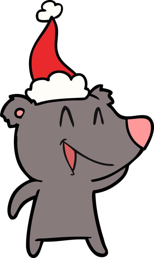 dibujo lineal de oso riendo de un sombrero de santa que lleva puesto vector