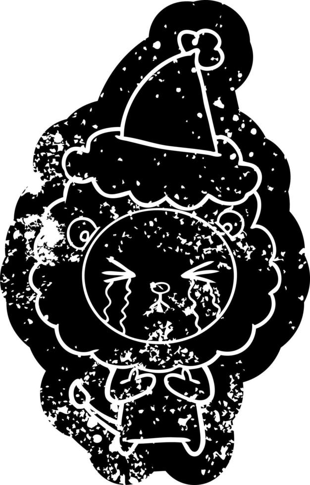 cartoon distressed icon of a crying lion wearing santa hat vector