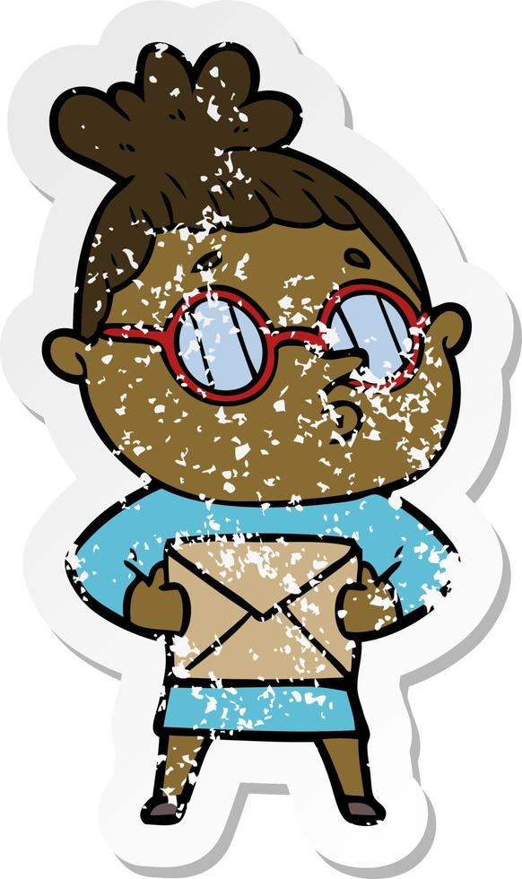 distressed sticker of a cartoon woman wearing glasses vector
