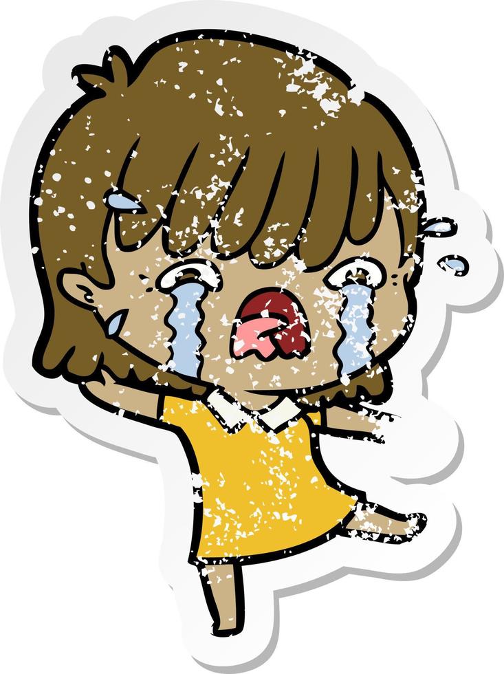 distressed sticker of a cartoon girl crying vector