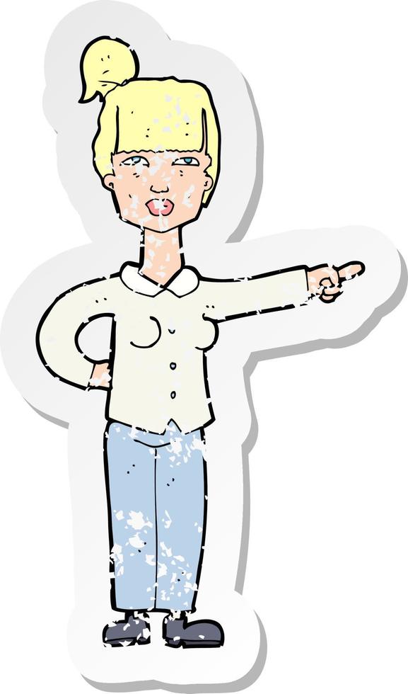 retro distressed sticker of a cartoon woman pointing vector