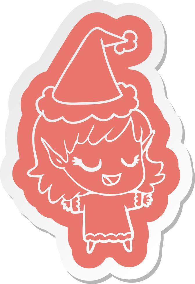 pegatina de dibujos animados feliz de una niña elfa con sombrero de santa vector