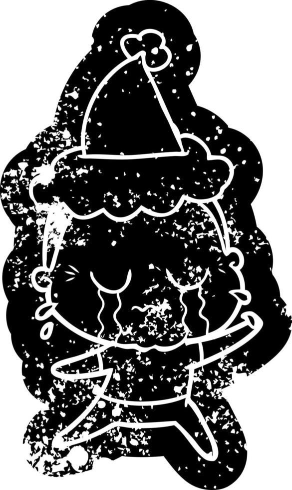 cartoon distressed icon of a crying old lady wearing santa hat vector