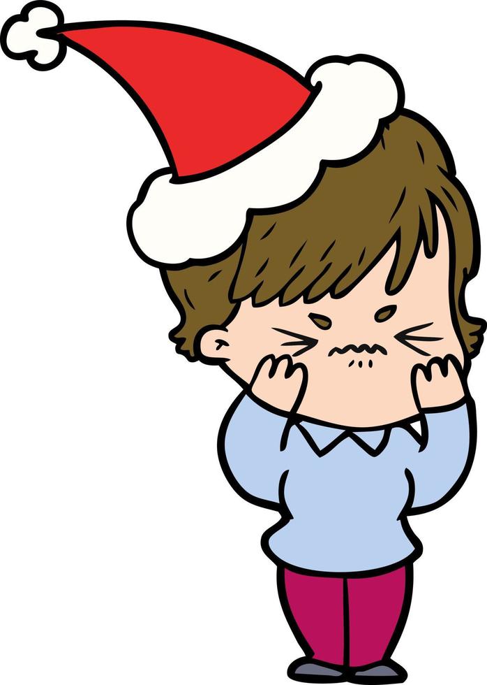 line drawing of a frustrated woman wearing santa hat vector