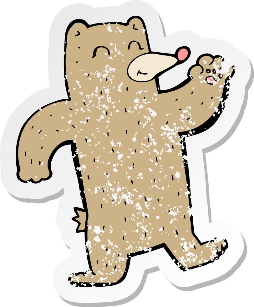 retro distressed sticker of a cartoon waving bear vector