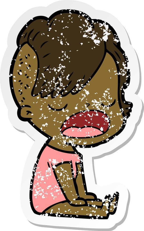 distressed sticker of a cartoon cool hipster girl talking vector