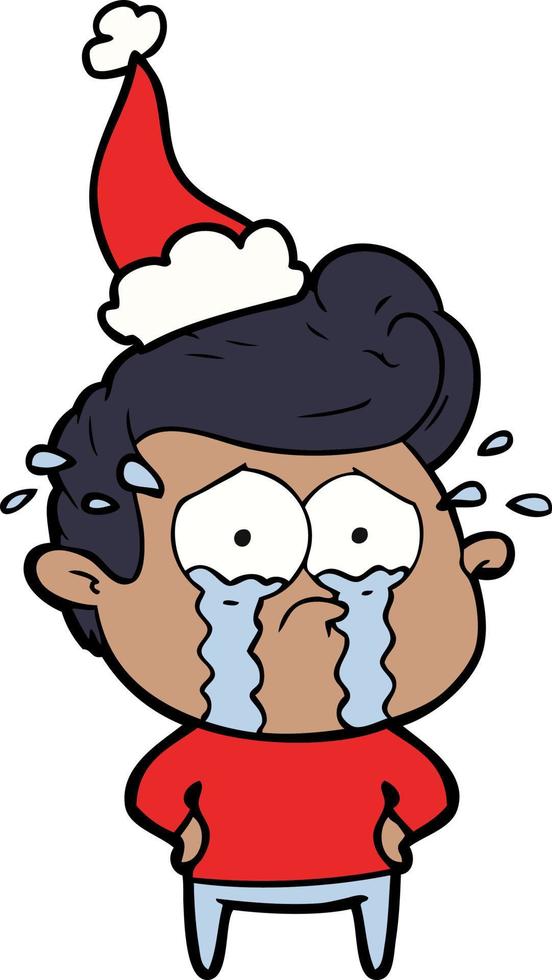 line drawing of a crying man wearing santa hat vector