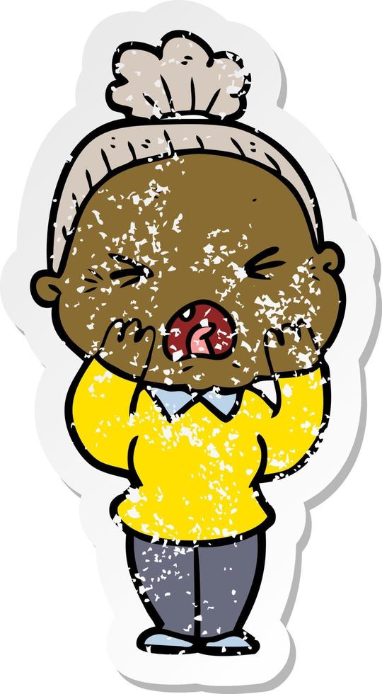 distressed sticker of a cartoon angry old woman vector