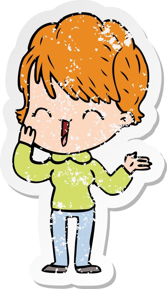 distressed sticker of a cartoon laughing woman vector