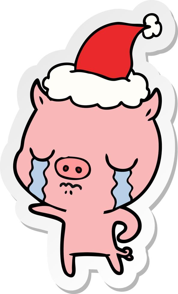 sticker cartoon of a pig crying wearing santa hat vector