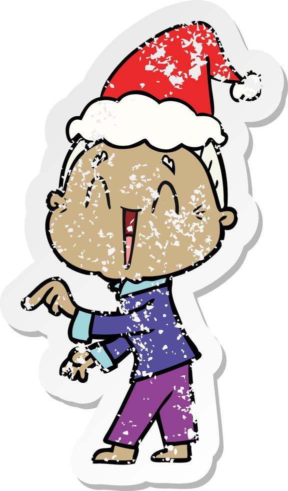 distressed sticker cartoon of a happy old lady wearing santa hat vector